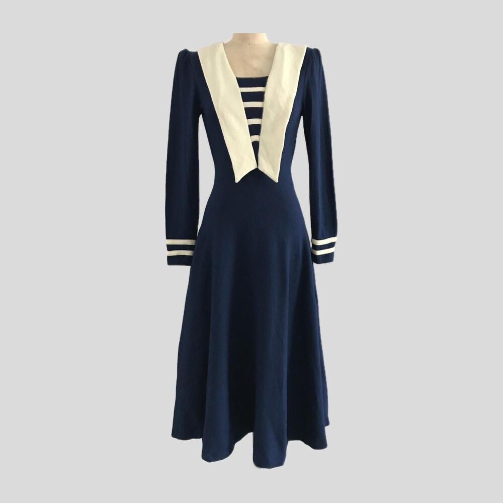 Vintage 1960s St. Simeon Navy Blue Wool A Line Midi Dress Womens Size 2 4